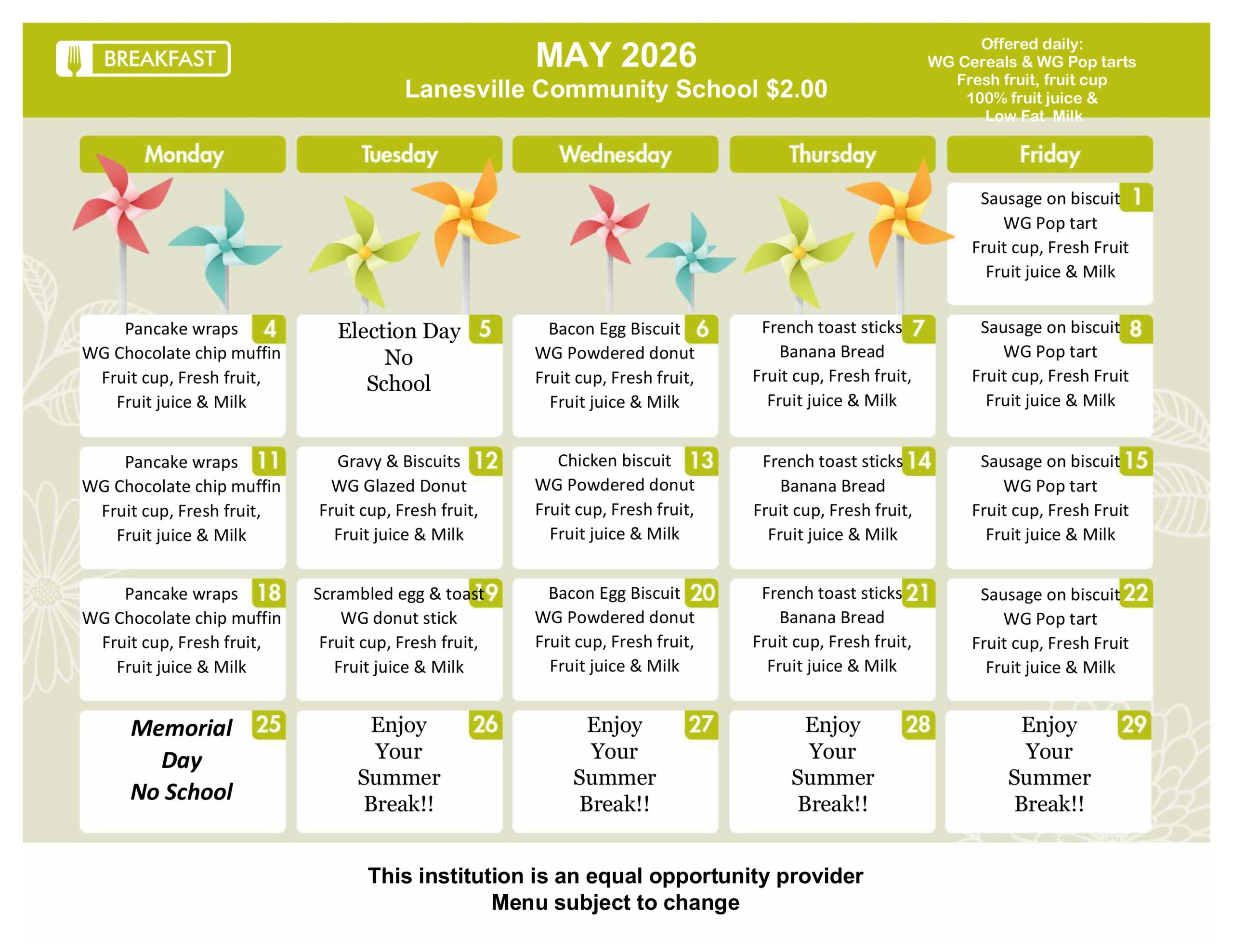 May 2026 Lanesville Community School breakfast menu: Monday–Friday with daily meal options