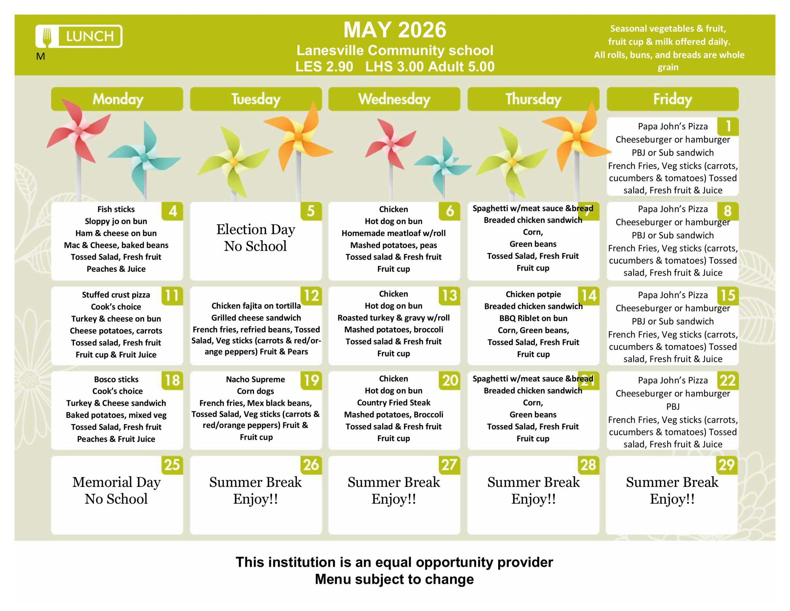 May 2026 school lunch calendar showing Monday–Friday menus with daily dishes for each weekday (fish sticks, pizza, etc.).