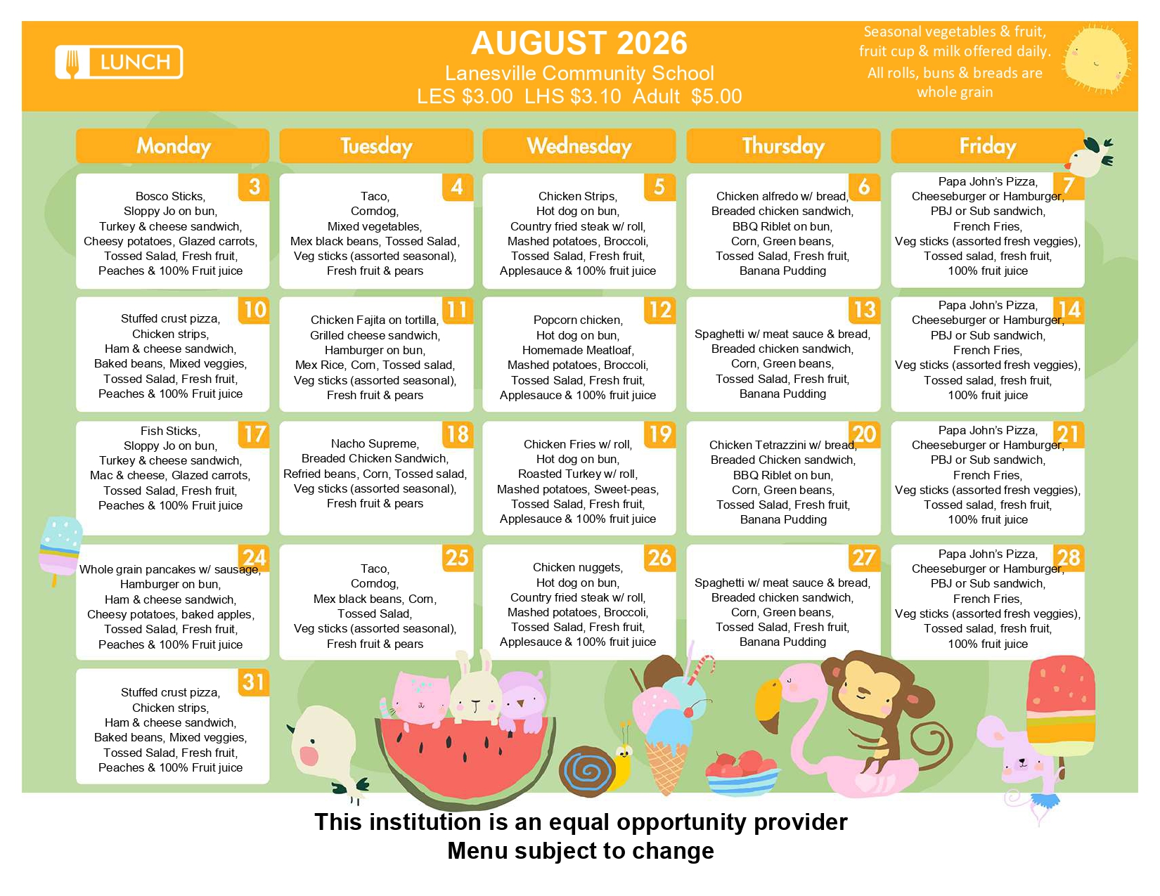 August 2026 school lunch calendar for Lanesville Community School, listing daily menu items by weekday and prices.