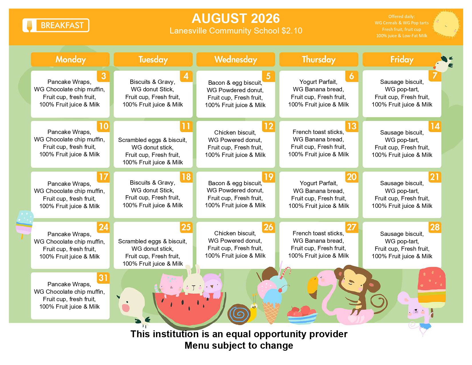 August 2026 school breakfast calendar for Lanesville Community School showing weekday meals (pancake wraps, biscuits & gravy, bacon & egg biscuit, yogurt parfait, sausage biscuit, etc.). Includes note 'equal opportunity provider' at bottom and 'menu subject to change'.