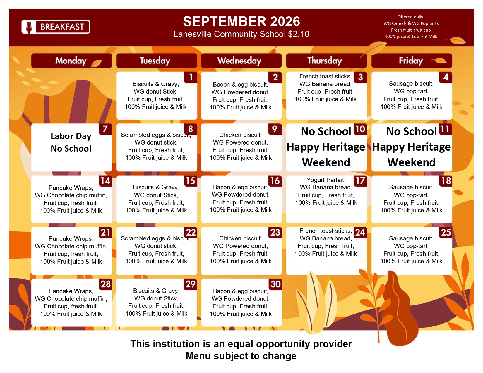 Calendar of September 2026 breakfast menu for Lanesville Community School, listing daily items (biscuits, eggs, fruit, milk) and no-school days.